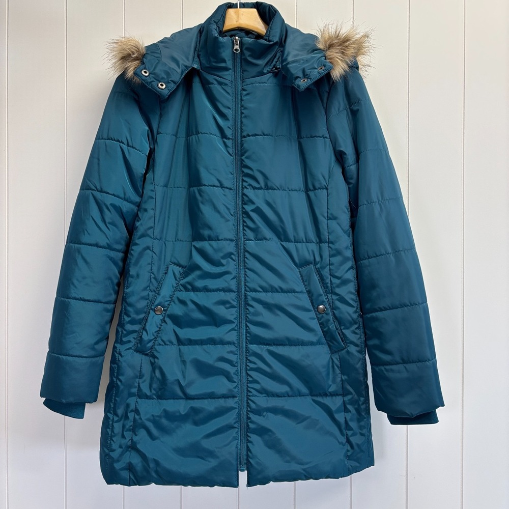 St Johns Bay Puffer Parka Women Small Teal Blue Faux Fur Hood Quilted Jacket